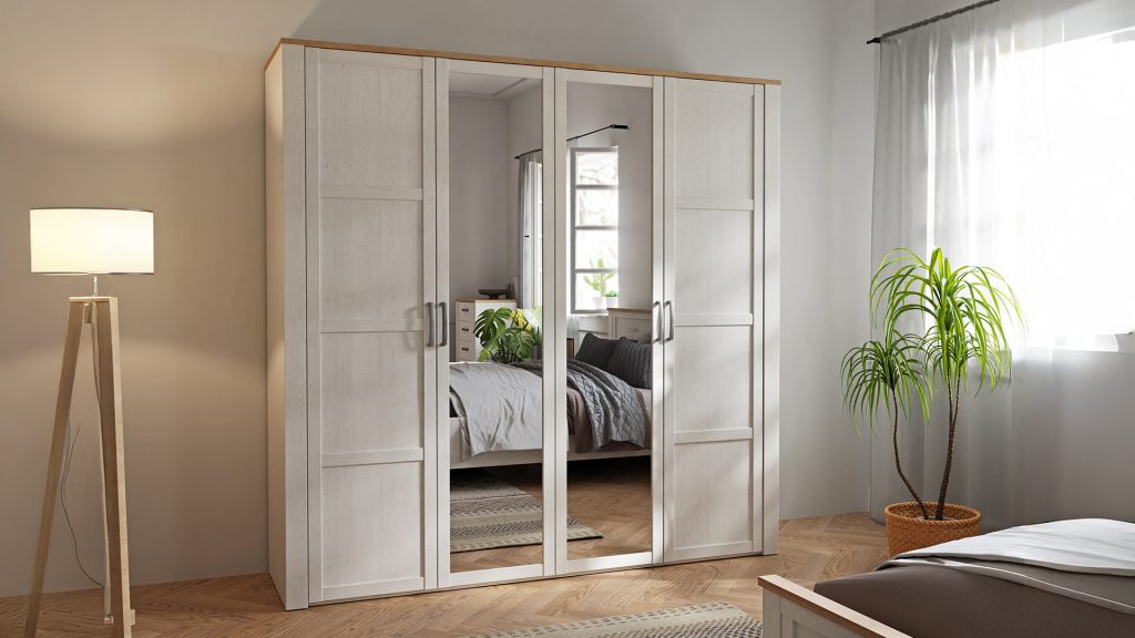 armoire 4 portes avec miroirs couleur chêne blanc et chêne