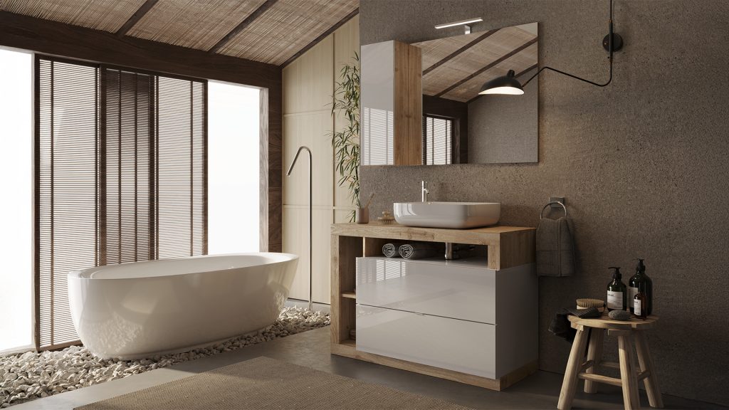 salle de bain design chêne et blanc brillant fribourg, fabrication italienne