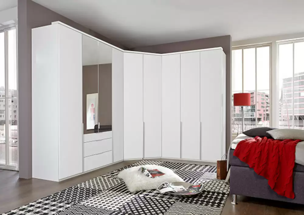 Armoire d'angle KENORA avec 2 portes miroirs en décor blanc mat